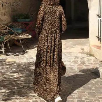 Priložnostne V Vratu Leopard Sundress ZANZEA Pomlad Moda Stranka Obleko Ženske Dolg Rokav Bohemian Tiskanja Dolgo Maxi Vestido Ženski Plašč