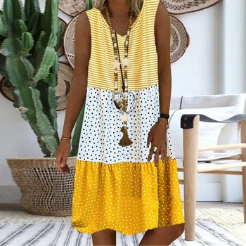 Priložnostne Ženski Sundress Vintage Proti-vrat Prugasta Tiskanja Obleka Ženske Kratek Rokav Obleka Plus Velikost Elegantno Mozaik Stranka Vestidos