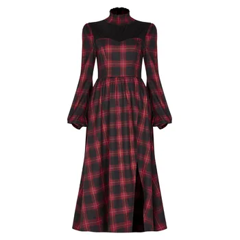 PUNK RAVE Girl ' s Street Style Rdeče-črno Obleko Seksi Lep Visok Ovratnik, Dolgi Strani Špranjske Casua Obleka Ženske