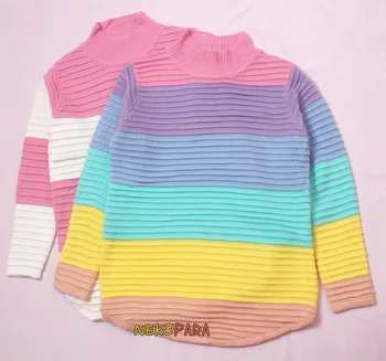 Rainbow Barva za Ženske Prevelik Pleten Pulover Hooded Pozimi Dolg Rokav Sladoled Sladko Barve