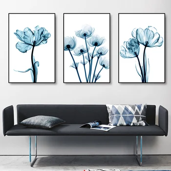 Rastline Cvetje Modra Akvarel Tiskanja Platno Plakat Wall Art Okras Zidana Minimalism Dnevna Soba, Spalnica Sliko