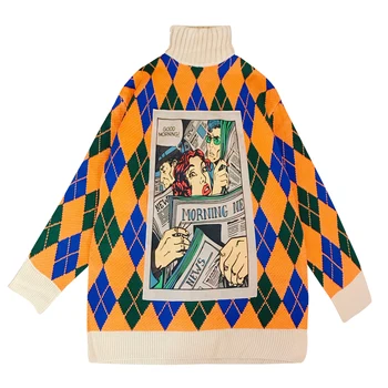 Retro risanka, ovratnik ustvarjalne ohlapen pulover, mehko, srednje in dolge par pletene.