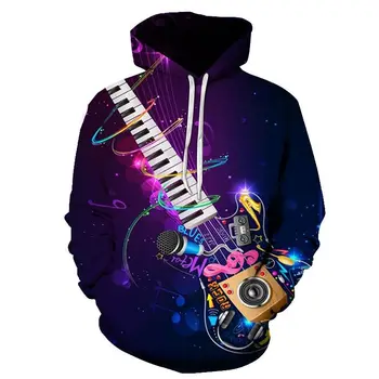 Rock Glasba Saksofon Kitara Plamen Hoodie 3D Majica za Moške Glasbeno Notacijo Hooded Ulične Hoodie S-6XL Homme Sudaderas