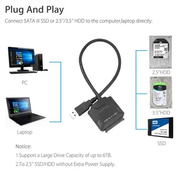 SATA 3 Kabel Sata na USB Adapter USB3.0 do Sata Kabel za 3,5-palčni Trdi Disk Zunanji SSD HDD Ac 22 Pin Sata III Kabel