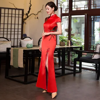 Seksi Dolgo Zeleno Cheongsam Pomlad Poletje Tradicionalni Kitajski stil Oblačenja Ženska Qipao Slim Stranke Obleke Gumb Vestido XS-XXXL