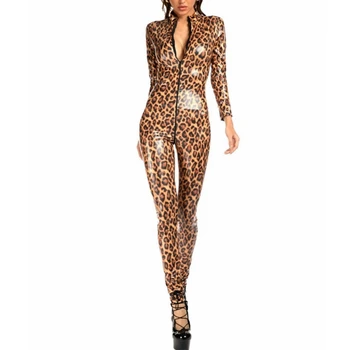 Seksi Leopard Obleka, Mokri Videz PVC Umetno Usnje Catsuit Vroče Erotično Ženske, Odprite Zadrgo Mednožje Jumpsuit Gospodarica Seks Kostumi
