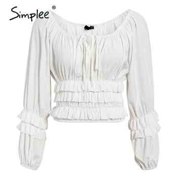 Simplee Vintage bela ženske bluze majica Elegantno ruffles naguban bluzo majica Priložnostne čipke poletne počitnice na plaži blusas mujer