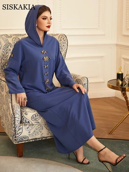 Siskakia Hooded tam kaftan Obleko za Ženske Luruxy Ročno Zašiti Diamond Abaya Maroški Dubaj Turčija arabsko Muslimanskih Oblačil Modra Siva 2020