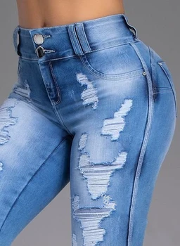 Skinny Jeans Ženska, Visoka, Vitka Seksi Raztrgala Strech Hlače v korejskem slogu Modne Ulične Stiski Slim Modra Traper Hlače
