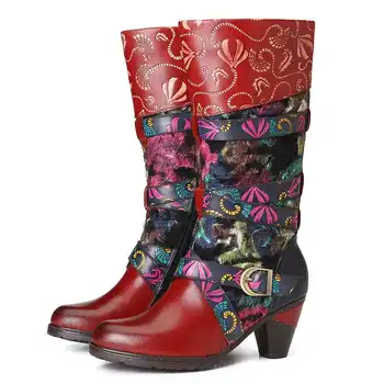 SOCOFY Retro Akvarel, Reliefno Okrašena Sponke Traku Elegantne Mehke Sredi Tele Visoke Pete, Škornji, Čevlji za Ženske Čevlje Botas Mujer 2020