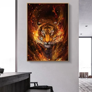 Sodobna Živali Umetnost Plakatov Tiger Lions Fire Wall Art Platno Stensko Slikarstvo Natisne Stenske Slike za Dnevni Sobi Doma Steno Cuadros