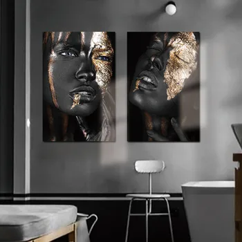 Sodobne Afriške Cuadros Črna In Zlata Ženska HD Olje Slikarsko Platno Wall Art Poster Tiskanje na Stenske Slike za Dnevna Soba Dekor