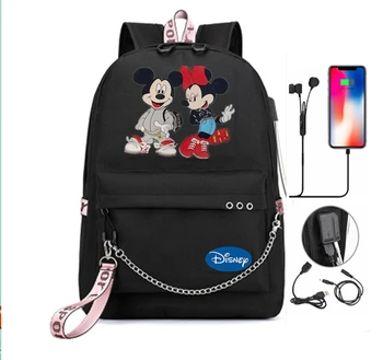 Strip Disney Mickey Minnie Vrečko Zadrgo USB Polnjenje Mochila Zmogljivosti Nahrbtnik Ženske Kpop Šolske Torbe za najstnice Študentov