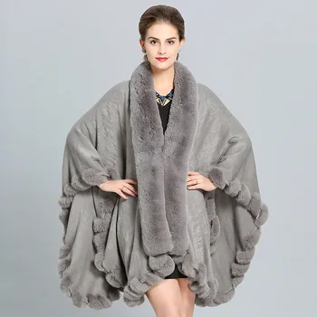 SWYIVY Svoboden Plus Ženske Fur Coat Imitacije Kašmir Cape Šal Jopico Plašč Ženske Specializiranimi za umetno Krzno, Toplo Cape Plašč, Črn Plašč Poncho