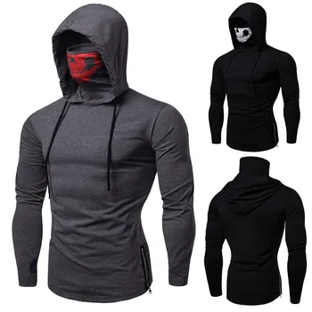 T-shirt Moški Stretch Fitnes Človek Ninja Long Sleeve Hooded T-shirt Lobanje Masko