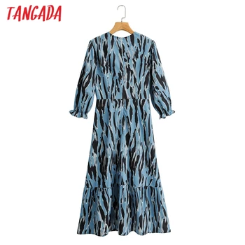 Tangada 2021 Moda za Ženske, Modro Leopard Tiskanja Dolgo Obleko Zadrgo Dolg Rokav Urad Ženske Maxi Obleko 1F114