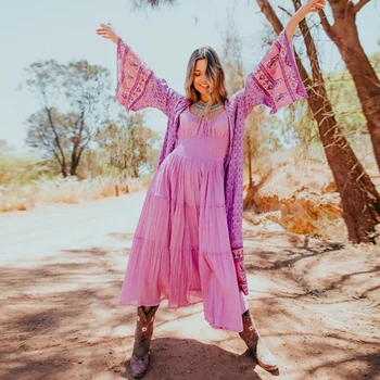 TEELYNN Boho dolgo bluzo tam kaftan Violet Cvjetnim tiskanja jeseni jopico plaža obrabe Kimono rokavi Gypsy ženske bluze blusa haljo 2019