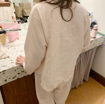 Udobno mehko bombaž doma obleko cvjetnim tiskanja ruffles ženske pižame nastavite dolgimi rokavi, hlače sleepwear krep more Y028