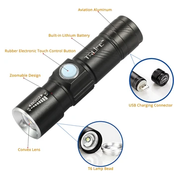 USB LED Svetilke Mini Lanterna za Polnjenje Prenosnih Luči Priročno Lov Baklo Nepremočljiva Zoomable Luči 3 Načini forCamping