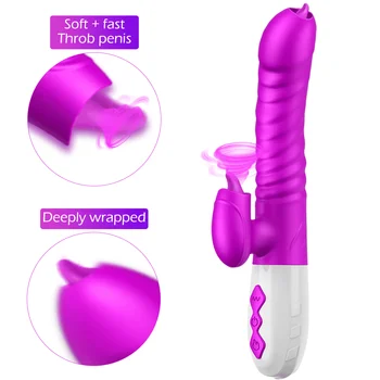 USB Polnilne Vibrator za Ženske, Seks Zajec Dvojno Jezika Vibrator Teleskopsko Obračanje Dildo Ogrevanje Sex Igrače za Ženske