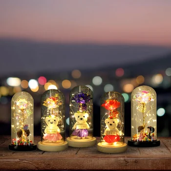 Valentinovo, Božična Darila, Pisane Zlato Folijo Cvet Nosi Z LED Sveti Nesmrtni Rose Medved steklen Pokrov LED Darilni embalaži