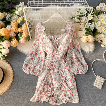 Vestido Šifon 2020 Moda za Ženske obleke Počitnice-slog Natisnjeni Obleko Cvetlični Puff Sleevesdrawstring Gube Vitko Telo Vrečko Hip Obleko