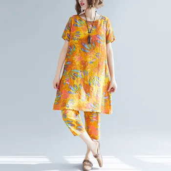 Vintage cvetlični plus velikost 2 dve delni set ženske priložnostne svoboden midi poletje obleko elegantna oblačila 2021 ženske obleke, hlače sundress