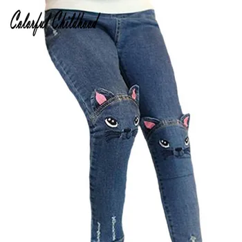 Vintage mačka vezenje traper hlače za dekleta slim dokolenke jeseni, pozimi toplo dolge hlače otrok kavbojske hlače 3-8Yrs