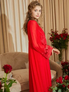 Vintage Rdeče Barve Žensk 2 Kosa Haljo Določa Dolg Rokav Royal Vezenine, Čipke Seksi More Nevesta Poročni Spanja Oblačilih