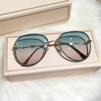 Vintage rimless zlitine kristalno sijoče sončna očala za ženske modni puščico gradient elegantne ovalne očala za sonce ženskega srca odtenki