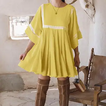 VONDA Ženske obleke 2019 Letnik Flare Rokav Čipke Mozaik Naguban Mini Obleka Plus Velikost Priložnostne Nepakirana Trdna Vestidos S-5XL