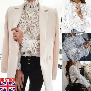 Vroče Prodajo Fashion izrežemo Prosojno Rog Dolg Rokav Slim Elegantne Srajce Seksi Poletne Bele Čipke Rokavi Ženske Bluze in Vrhovi