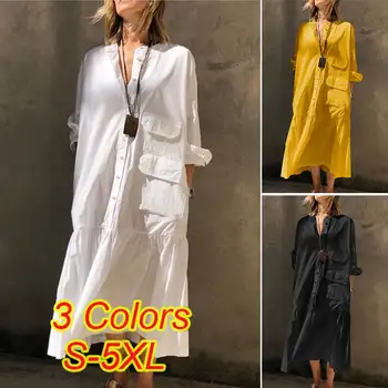 ZANZEA Midi Majica Obleke, Ženske 2021 Modne Dame Ruffle Vestidos Priložnostne Dolg Rokav Haljo Pomlad Trdna Sundress Plus Velikost 5XL