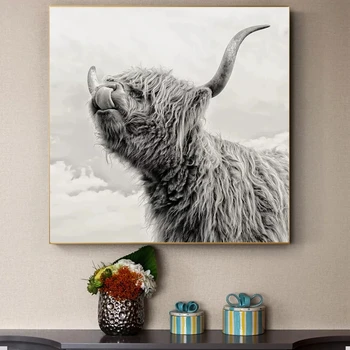 Črna in Bela Divje Živali Platno Slikarstvo Highland Krava Plakatov in Fotografij Cuadros Stenskih slikah, za Dnevna Soba Dekor