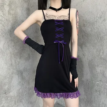 Črna Temno Goth Kontrast Barve Mini Obleka 2020 Lady Povoj Škrlatne Čipke Oblečena Trak Izrezanka Rokav Backless Vestidos Brez Rokavov