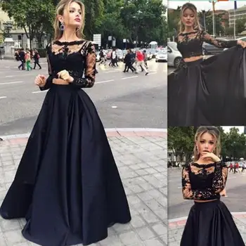 Črna Šifon Dolgo Maxi Čipke Obleke Ženska Elegantno Nastavi Dolg Rokav Dame, Votlih Ven Zvečer Stranke Obleke Vestidos