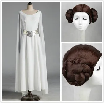 Ženska, Star Wars Princesa Leia Organa Solo Cosplay Dolgo Belo Obleko Lasuljo 2PCS Nastavite Odraslih Halloween Carnival Cosplay Disguisement