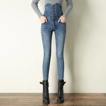 Ženske Elastične Visoko Pasu tanke trebuha modro črne Skinny Stretch jeans ženska fant, mama oprati traper Jeans hlače, plus velikost 36