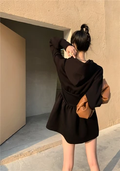 Ženske Francoskem Slogu Vitek Pas Hooded Majica Obleko Črno Žogo Obleke Nove 2021 Kratke Obleke, Ženski