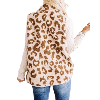 Ženske, Fuzzy Sherpa Runo Outwear Lahki Leopard Tiskanja brez Rokavov Zip Gor Jakno s Pocket Plast Za Zimo