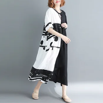 Ženske Kitajski Stil Oblačenja Kratek Rokav Vintage Plus Velikost Črna Z Belo Perilo, Obleke, Casual Svoboden Poletje Obleko 4XL 5XL 2019