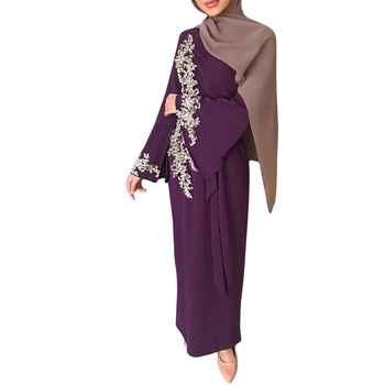 Ženske Muslimanskih Dubaj Abaya Dolg Rokav Maxi Obleko Cvetlični Čipke Beading Splice Turčija Hidžab Haljo Tam Kaftan Islamska Oblačila