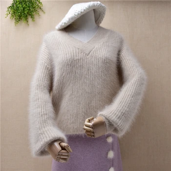 ženske ženske modni kosmat o-vratu mink kašmir pletene dolge rokave slim angora pulover zajec krzno, pozimi skakalec pulover vrhovi