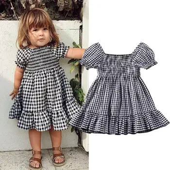 1-5Y Baby Toddler Fant Dekleta Black Kariran Obleko Ruffles Vintage Obleko Za Deklice Otrok Kostume Poletje