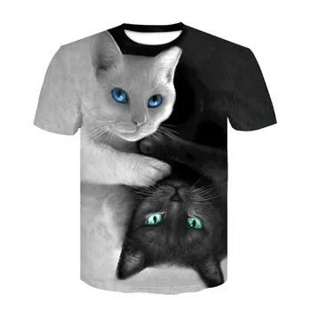 2019 novih moških črna in bela mačka T-shirt tiskanje poletje spodbujanje priljubljenih hip hop okrogle ovratnik shirt kratek rokav T-shirt fashio