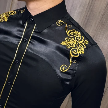 2019 Pomlad Moda Korejski Vezene Slim Fit Long Sleeve Majica Moški Kemeja Pria Pomlad Socialni Klub Maturantski Majica Camisa Masculina
