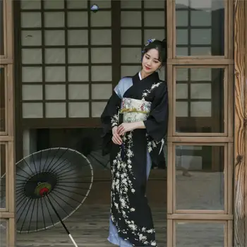 2019 retro Japonski Kimono Style yukata Girl Jesen črna obleka Ženska cvet tiskanja splice SELLWORLDER Dolgo Obleko z torbico