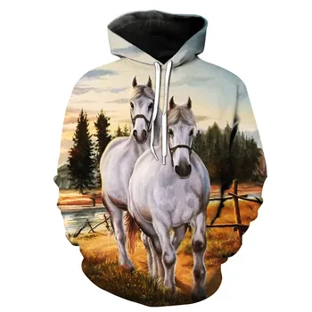2020 Jesen/Zima Moški pulover s kapuco 3d Tiskanje Živali Beli Konj Majica Puloverju Moda Ulica Long Sleeve Hooded Suknjič