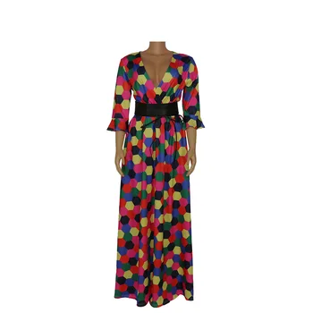 2020 Jeseni Ženske Maxi Dress Vintage Dot Tiskanja Splice Priložnostne 3/4 Rokav Obleka Elegantne Dame, Dolge Obleke Vestidos S Pasom