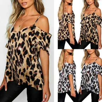 2020 Moda Plus Velikost Ženske Poletne majice Leopard Tiskanja Hladno Ramo Vrhovi majica s kratkimi rokavi Ženske Obleke(S-5XL)